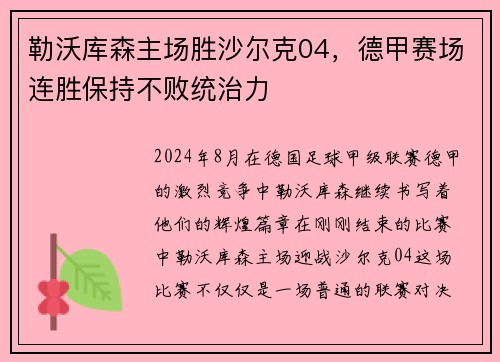 勒沃库森主场胜沙尔克04，德甲赛场连胜保持不败统治力